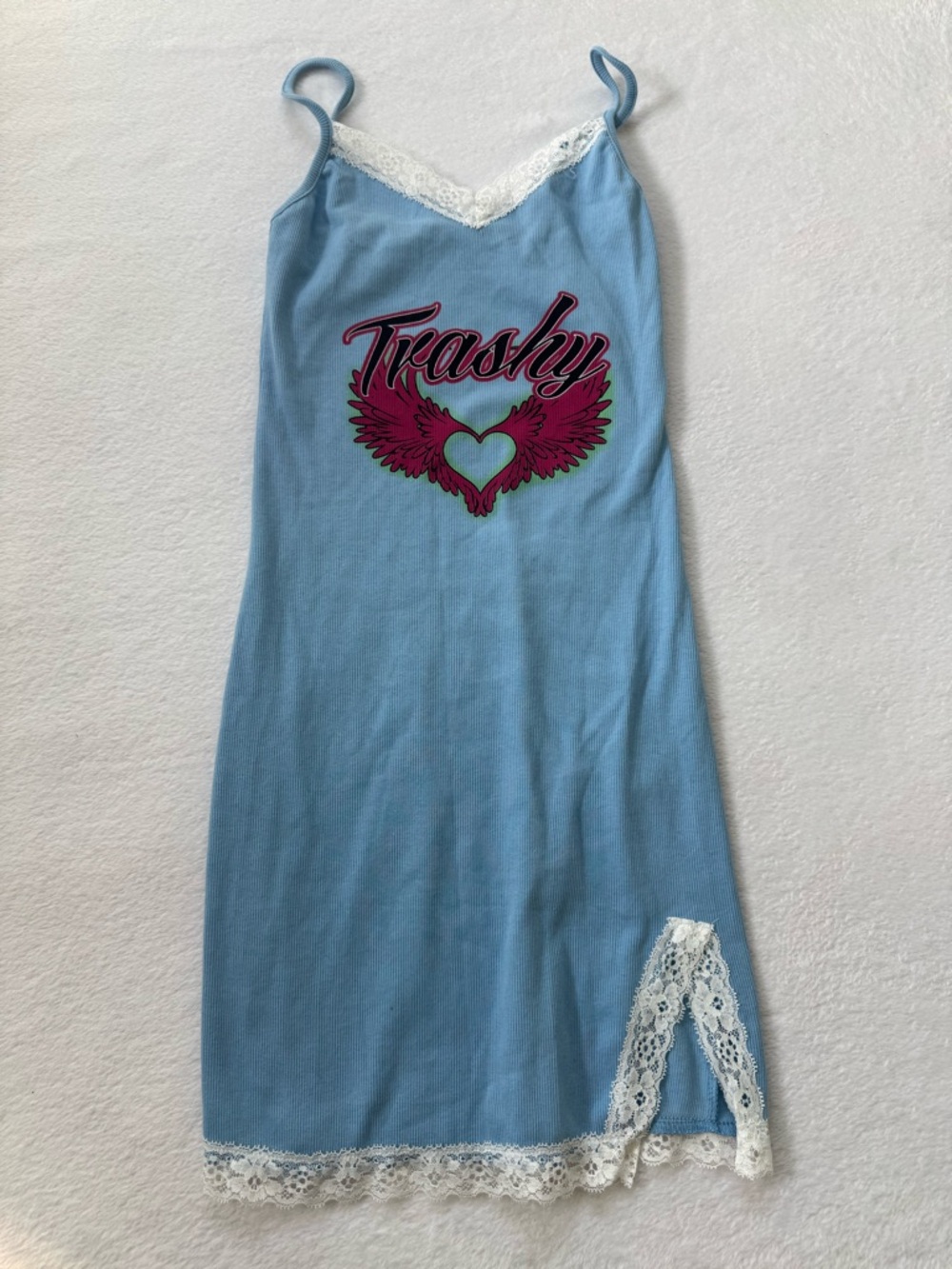 Y2K Light Blue 'Trashy' Lace-Trim Slip Dress